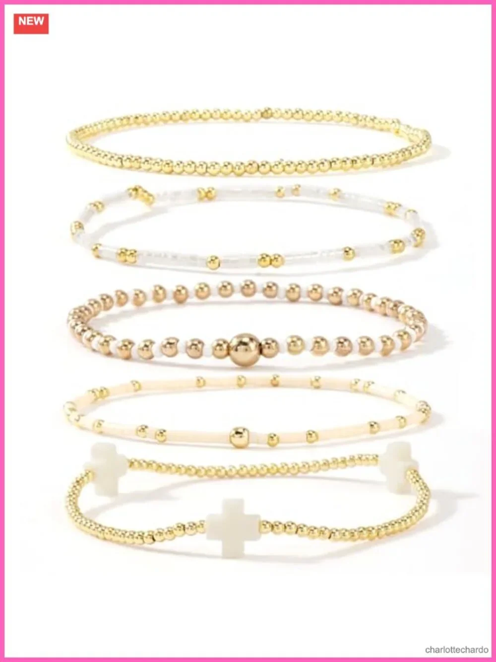 Gold Plated Beaded Bracelet Stack Cross Charm Stretch Bracelet Boho Christian